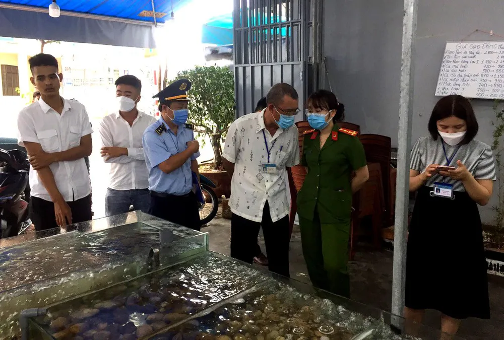 Đoàn kiểm tra làm việc với quán hải sản Cô Sương sau khi bị tố &quot;chặt chém&quot;. Ảnh: CTV.