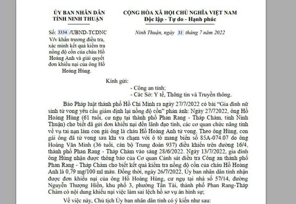 UBND tỉnh Ninh Thuận chỉ đạo làm rõ nội dung Báo Pháp luật TP.HCM phản ánh. Ảnh: HH