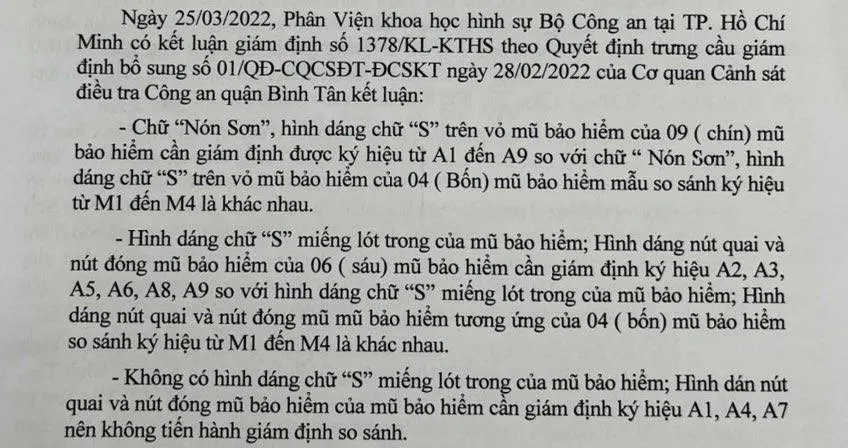 Kết quả giám định của Phân viện Khoa học hình sự Bộ Công an. Ảnh: H.YẾN Kết quả giám định của Phân viện Khoa học hình sự Bộ Công an. Ảnh: H.YẾN