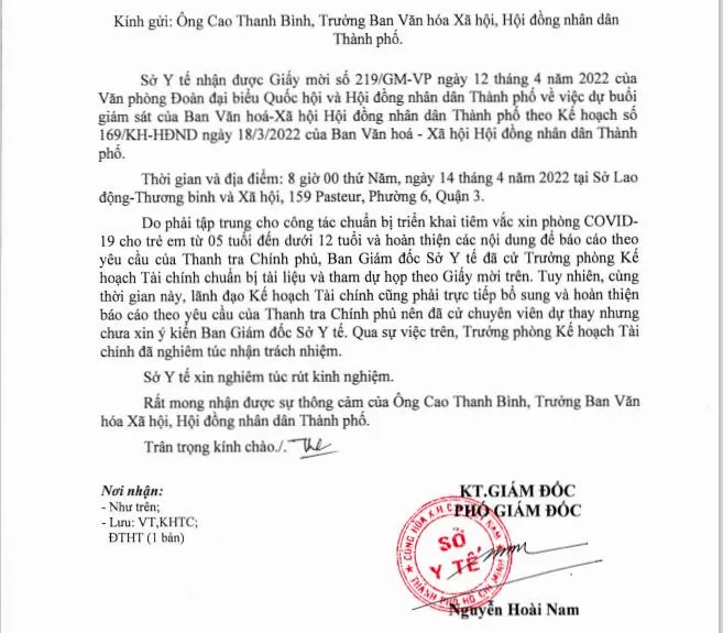 Nội dung thư xin lỗi của Sở Y tế TP.HCM gửi ông Cao Thanh Bình, Trưởng Ban Văn hóa Xã hội - HĐND TP.HCM