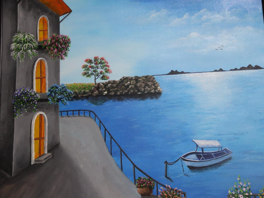 Những bức tranh phong cảnh hữu tình trang trí tại Khoa nội soi Bệnh viện Từ Dũ. Ảnh: HOÀNG LAN Bức tranh đáng yêu về một đôi chim trên cành đào hồng thắm . Ảnh: HOÀNG LAN