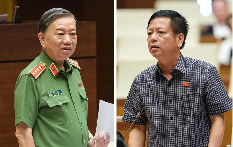 Bộ trưởng Tô Lâm (bìa trái) trả lời các câu hỏi mà đại biểu đặt ra tại phiên chất vấn. Đại biểu Nguyễn Trường Giang (Đoàn Đắk Nông) chất vấn Bộ trưởng Bộ Công an tại phiên họp. Ảnh: Quochoi