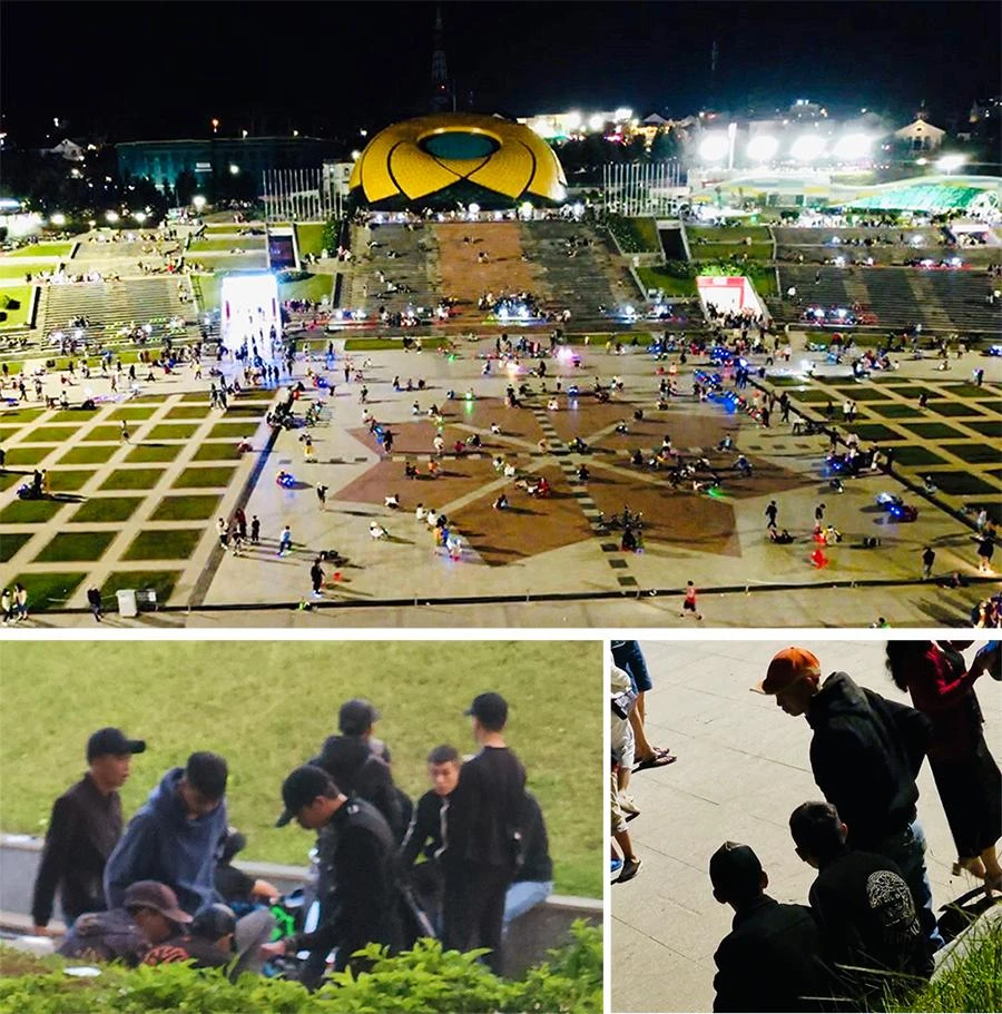 1. Quảng trường Lâm Viên bị các nhóm chiếm để cho thuê xe điện. 2. Một nhóm thanh niên đến đe dọa hai thanh niên “tự ý” ra cho thuê xe điện. 3. Một thanh niên tên Lâm ép hai thanh niên dẹp xe khỏi quảng trường. Ảnh trong bài: VT