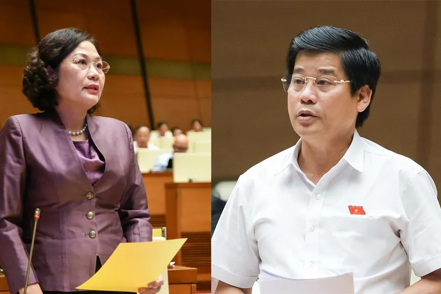 Thống đốc Ngân hàng Nhà nước Việt Nam Nguyễn Thị Hồng (trái) và đại biểu Quốc hội Dương Văn Phước tại hội nghị. Ảnh: Quochoi.vn