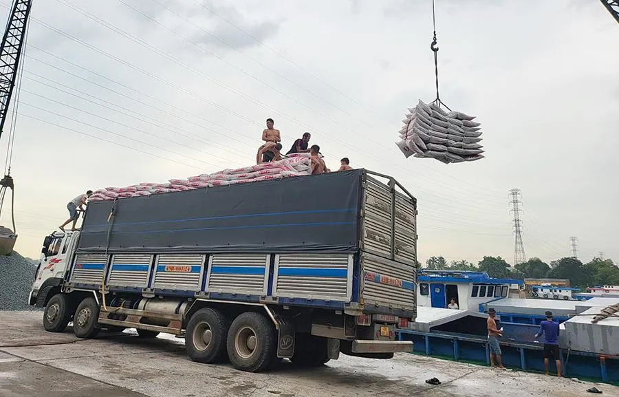 Các công nhân ở cảng Nhất Nam (Khu công nghiệp Biên Hòa) bốc xếp khoảng 1.300 bao phân (tổng tải trọng gần 80 tấn) lên xe tải 49H-001.24.