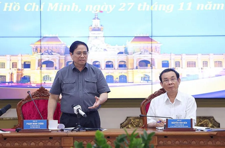 Thủ tướng Phạm Minh Chính phát biểu kết luận tại buổi làm việc với lãnh đạo chủ chốt TP.HCM. Ảnh: TTXVN Thủ tướng Phạm Minh Chính phát biểu kết luận tại buổi làm việc với lãnh đạo chủ chốt TP.HCM. Ảnh: TTXVN