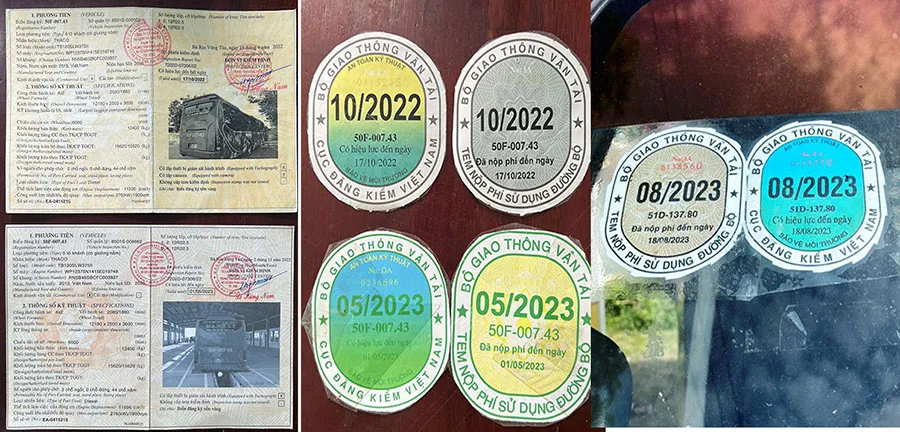 Các sổ đăng kiểm, tem kiểm định giả mà công an phát hiện. Các sổ đăng kiểm, tem kiểm định giả mà công an phát hiện.
