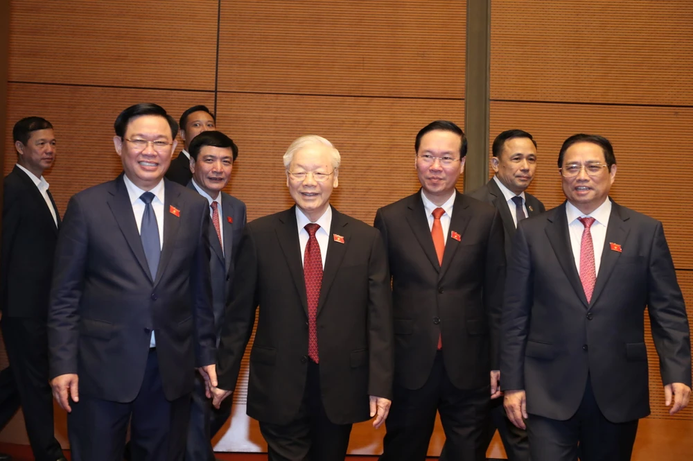 Tổng Bí thư Nguyễn Phú Trọng, Chủ tịch nước Võ Văn Thưởng, Chủ tịch Quốc hội Vương Đình Huệ và Thủ tướng Phạm Minh Chính tại phiên khai mạc kỳ họp thứ năm Quốc hội khóa XV. Ảnh: QH