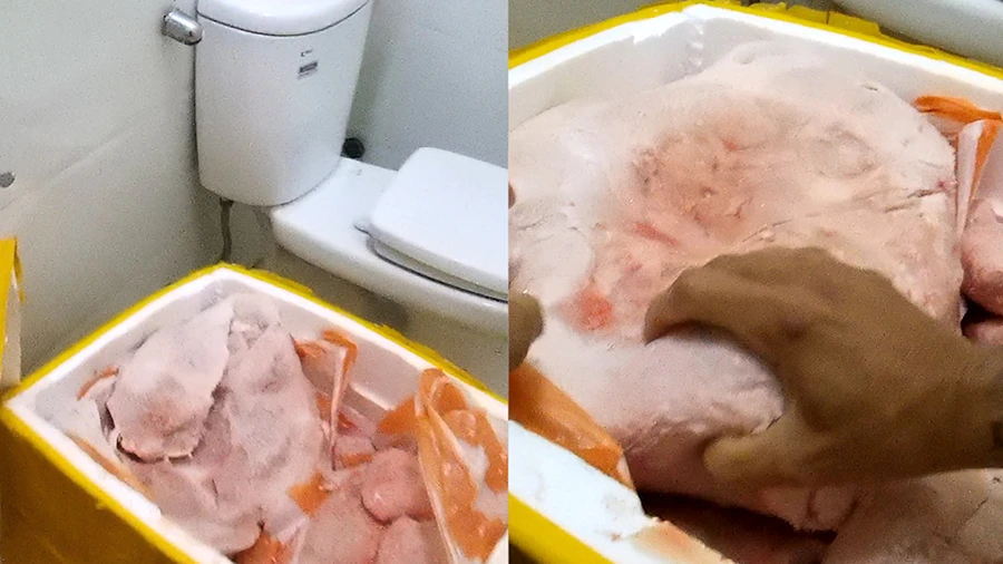 Vú heo trôi nổi giấu trong nhà vệ sinh quán Bò tơ Đà Lạt ở 118 Hùng Vương (Ảnh cắt từ clip).