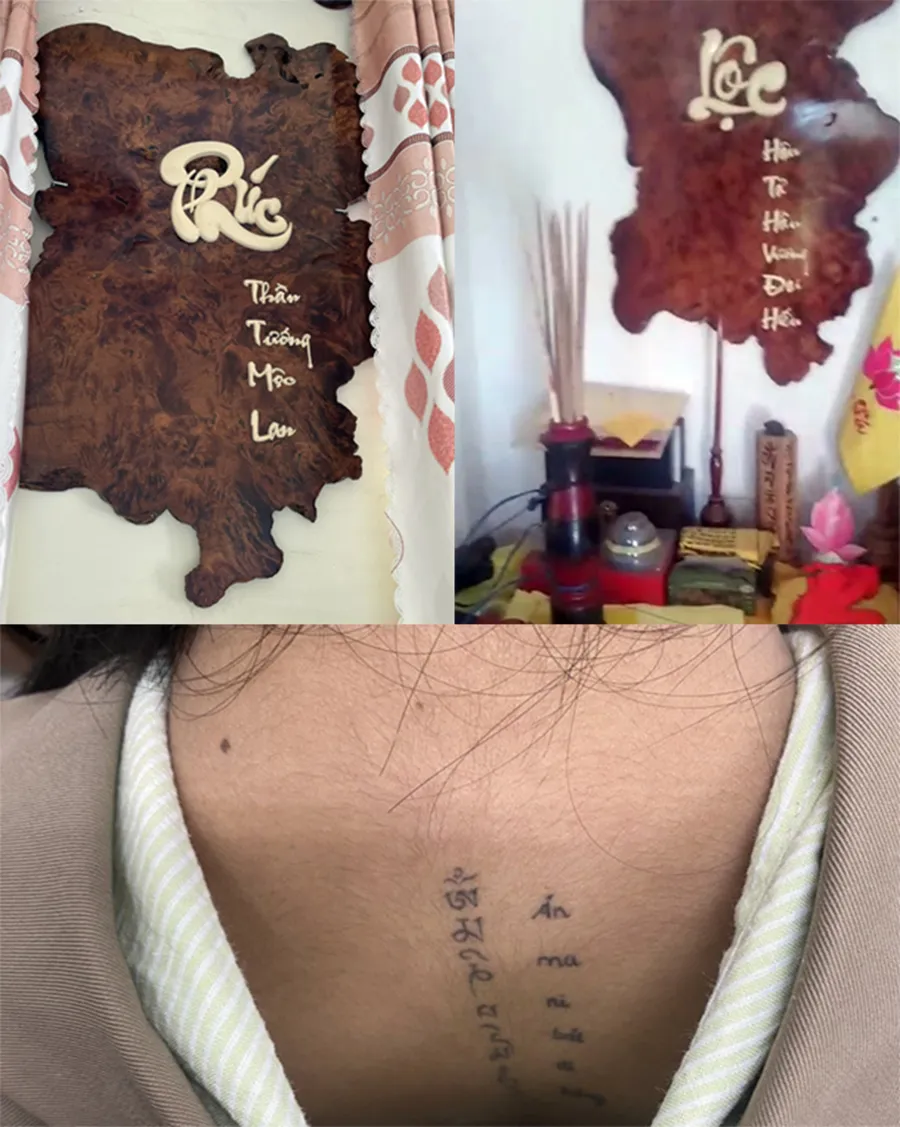 Bà Nguyễn Thị Ngọc Lan được “đức vua” ban tặng là Thần tướng Mộc Lan, Nguyễn Hồng Tâm được phong là Vương Đại Hiếu và ban tặng cờ, còn các thành viên tà giáo đều xăm chữ phía sau cổ. Ảnh: PHÚ NHUẬN Tà đạo 'Thiên triều Nam Quốc' ở Bình Thuận - Bài 1: Gia đình tan nát vì u mê theo tà giáo