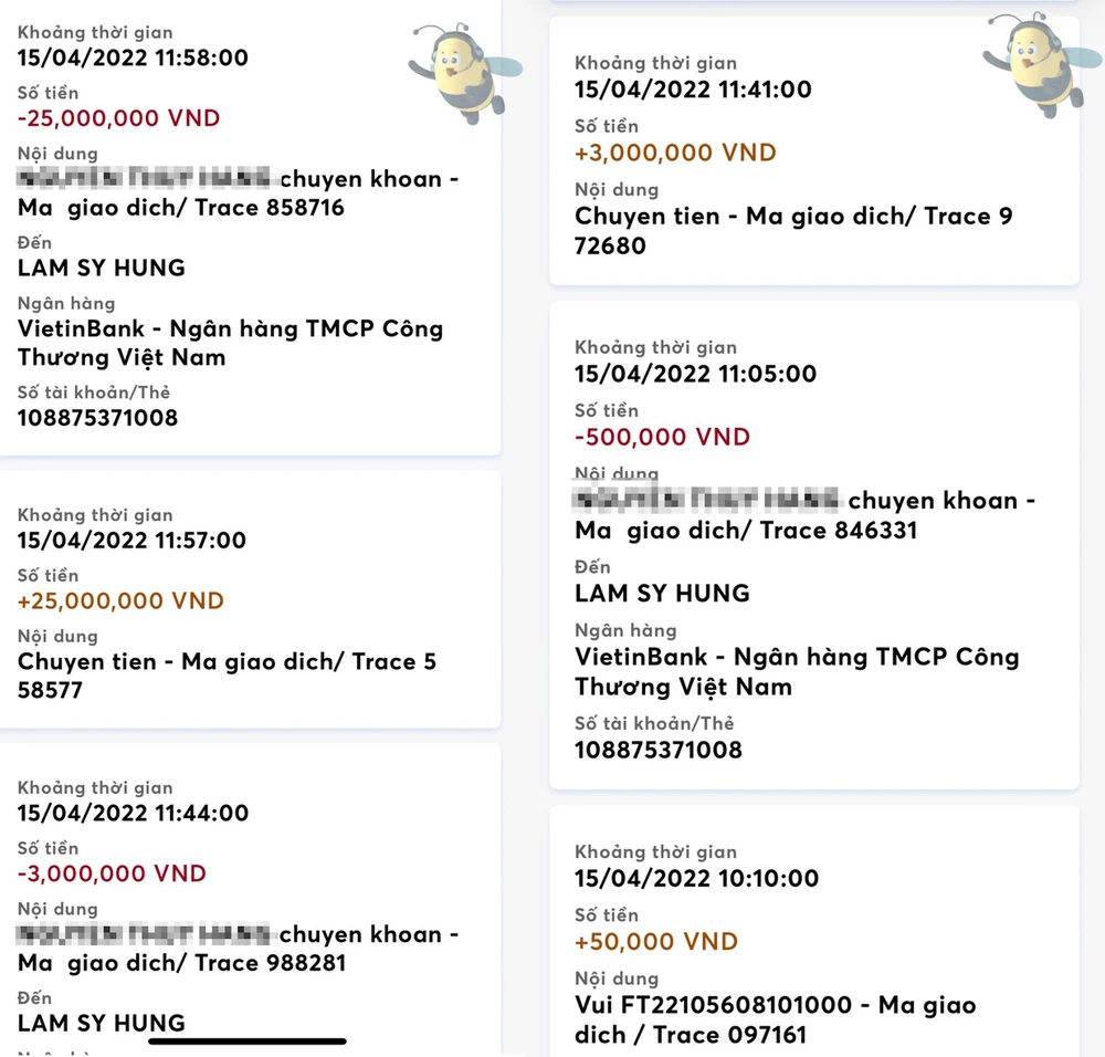 Các giao dịch chuyển tiền mà chị H chuyển cho kẻ lừa đảo. Ảnh: NVCC