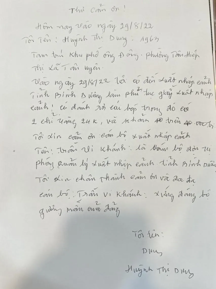 Bà Dung đã viết thư cám ơn sau khi nhận được chiếc ví bị bỏ quên. Ảnh: LA