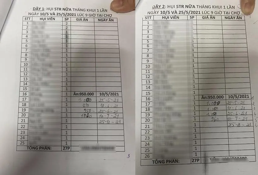 Sổ sách ghi chép các dây hụi của bà D (thị xã Tân Uyên, Bình Dương). Ảnh: Người dân cung cấp