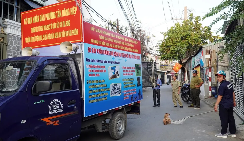 Đội bắt chó mèo thả rông vừa đi bắt vừa tuyên truyền nâng cao ý thức của người dân