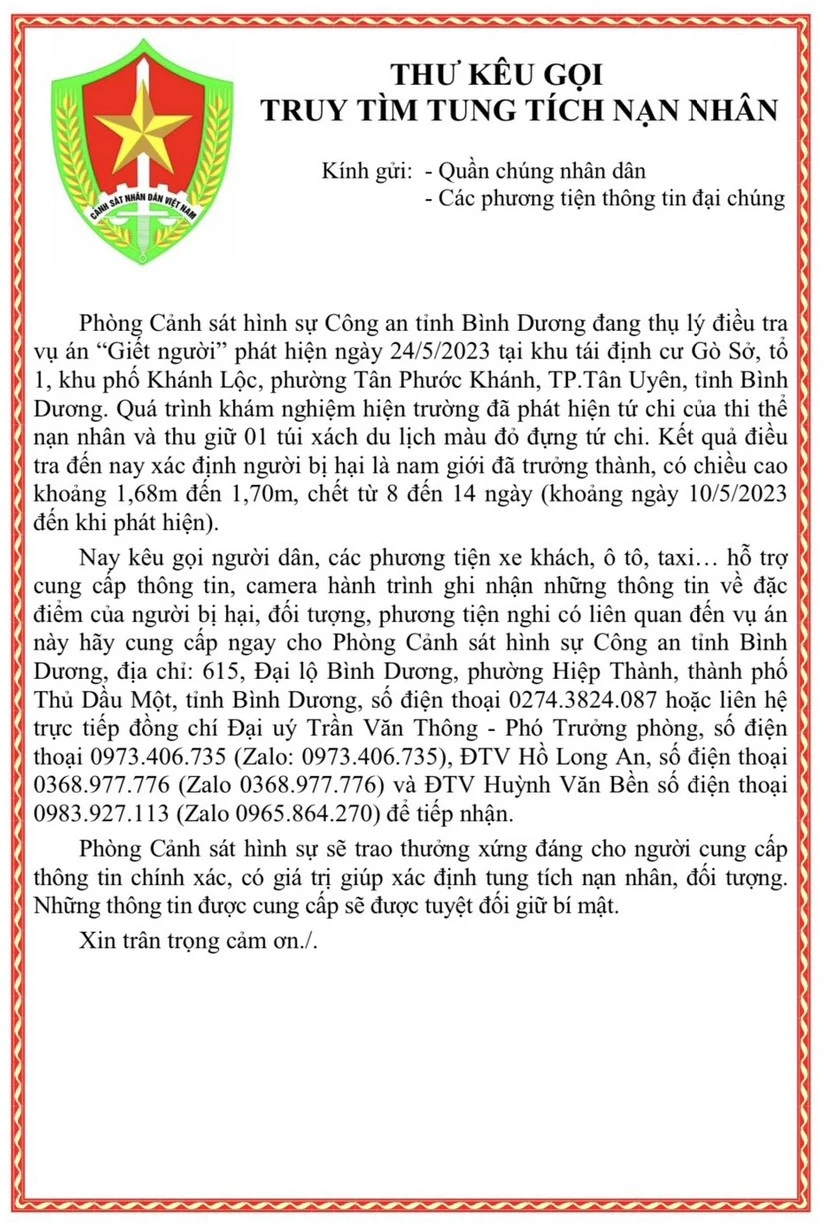 Thông báo mới nhất của phòng Cảnh sát hình sự (Công an tỉnh Bình Dương). Ảnh: CACC
