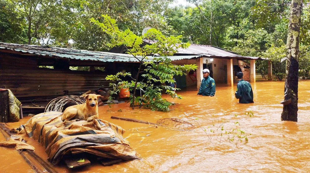 Lực lượng dân quân hỗ trợ người dân di dời tài sản đến nơi cao ráo, tránh bị hư hỏng. Ảnh: PY bình phước ngập nặng (6).jpg