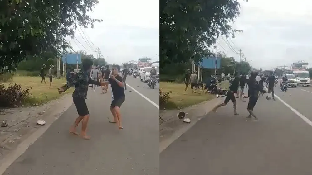 Nhóm thanh niên hỗn chiến trên đường gây mất an toàn giao thông. Ảnh: Cắt từ clip Sau va chạm giao thông, hai nhóm thanh niên ở Bình Dương đã lao vào hỗn chiến