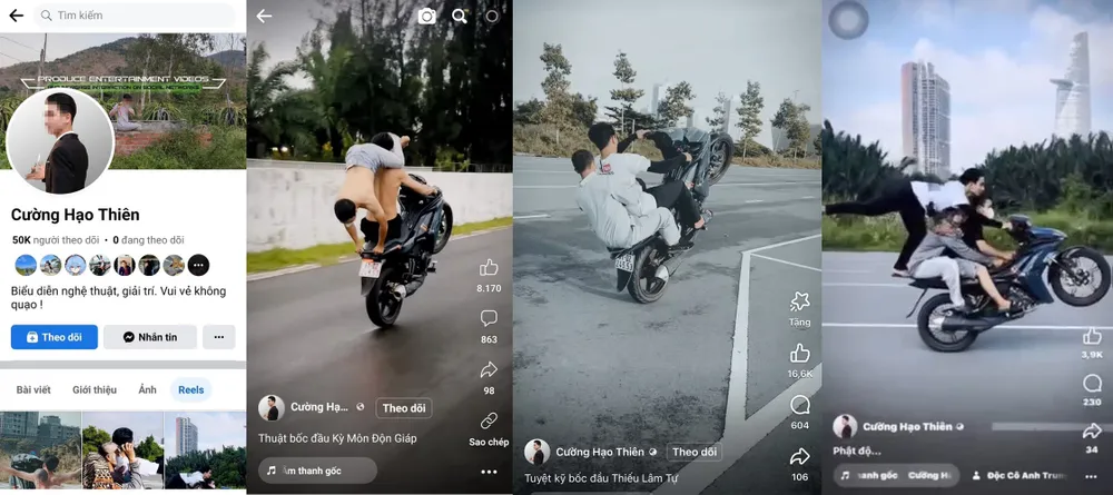 Hành động điều khiển xe máy với các tư thế rất nguy hiểm. Ảnh: Cắt từ video Xác minh nhóm thanh niên biểu diễn chở ba, bốc đầu đăng lên facebook