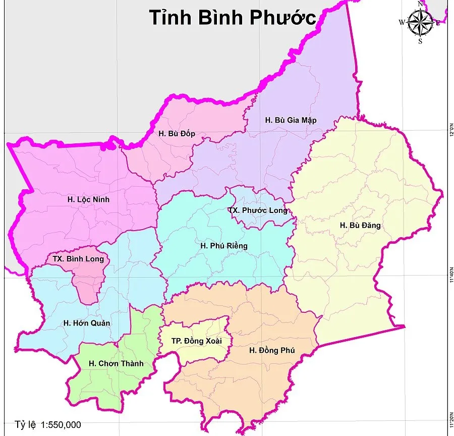 Hiện Bình Phước có 11 đơn vị hành chính cấp huyện. Bình Phước: Huyện Hớn Quản, Phú Riềng sẽ sát nhập vào các đơn vị cấp huyện lân cận