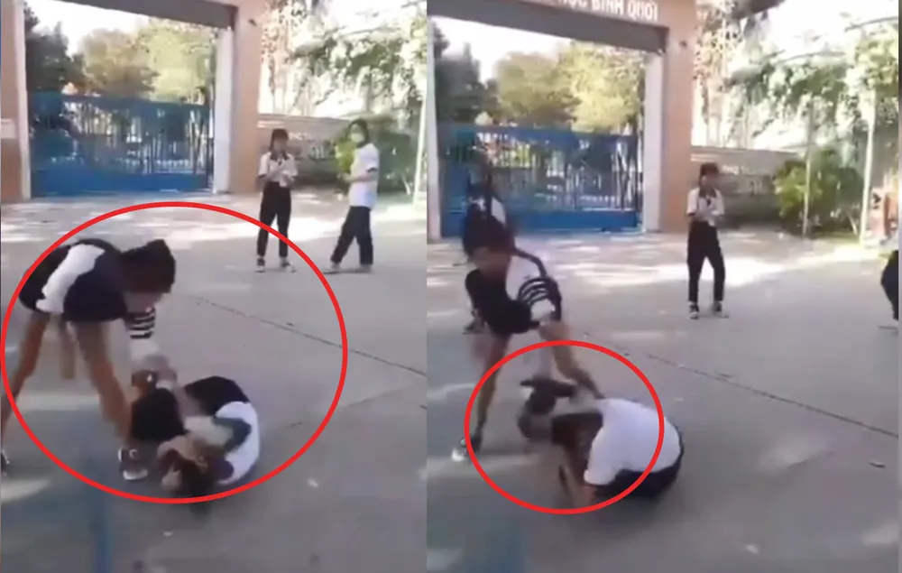 Nữ sinh bị bạn nữ dùng nón bảo hiểm đánh dã man. Ảnh: Cắt từ clip nữ sinh.jpg