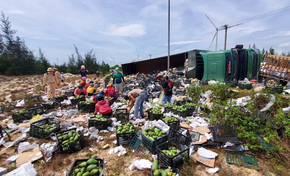 Người dân đến thu gom và mua xoài giúp tài xế.