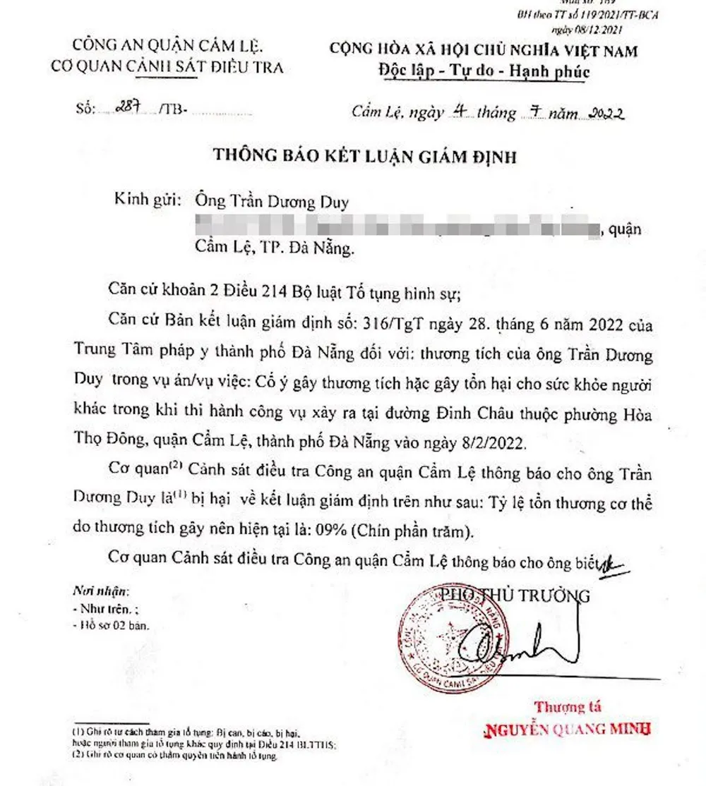 Thông báo kết luận giám định về tổn thương của ông Duy. Thông báo kết luận giám định về tổn thương của ông Duy.