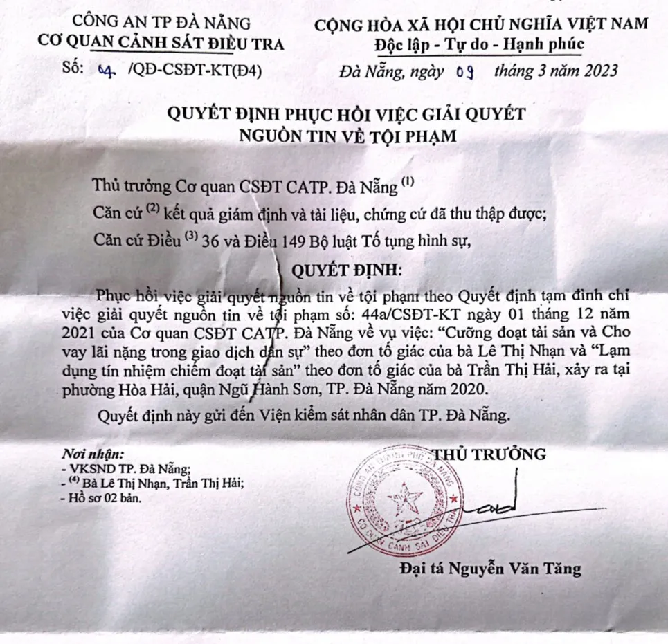 Quyết định phục hồi điều tra tin tố giác tội phạm trong bài viết “Vay gần 38 tỷ, trả 50 tỷ, vẫn bị đòi 52 tỷ đồng” của PV Hoàng Quân. Ảnh: HA