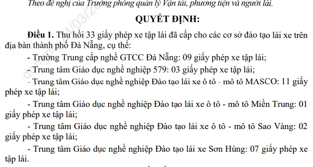 Quyết định thu hồi 33 giấy phép tập lái xe. Ảnh: HA.