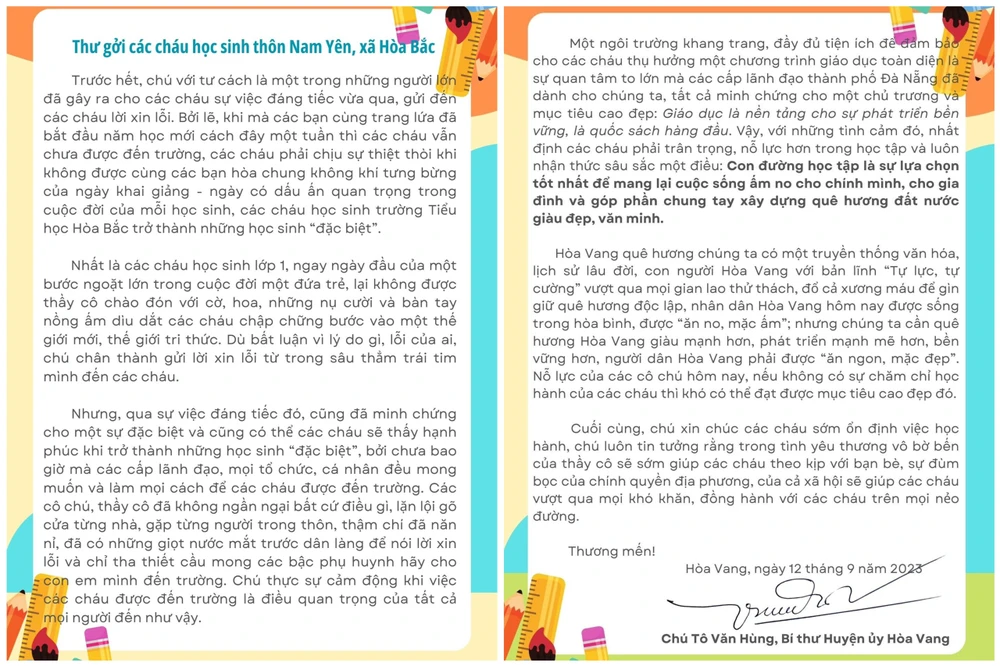 Bức tâm thư của Bí thư Huyện uỷ Hoà Vang xin lỗi các em học sinh vì chưa được tới trường. Ảnh: MT.
