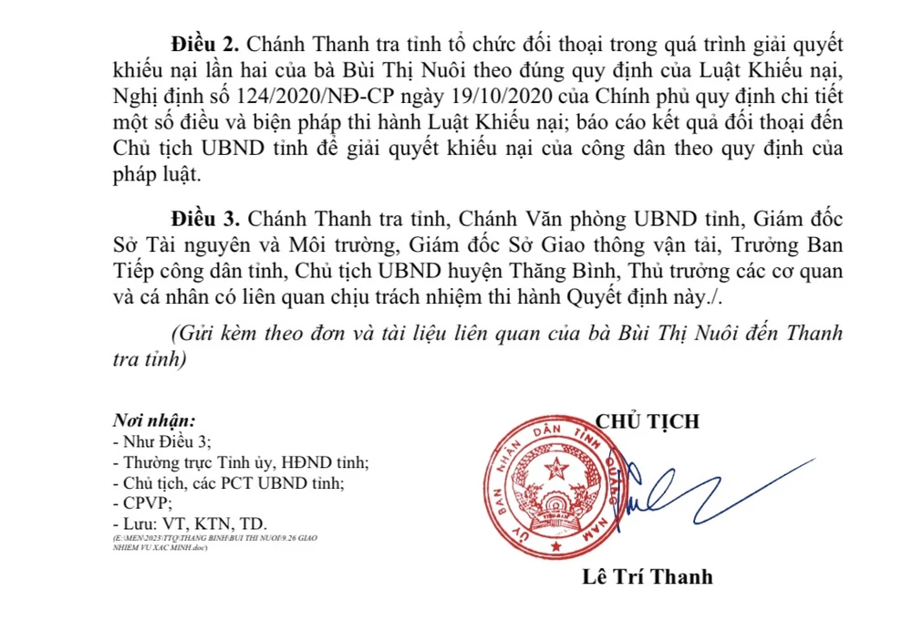 Quyết định của Chủ tịch UBND tỉnh Quảng Nam yêu cầu giải quyết khiếu nại của gia đình bà Nuôi. Ảnh: LP. chu-tich-quang-nam.jpg