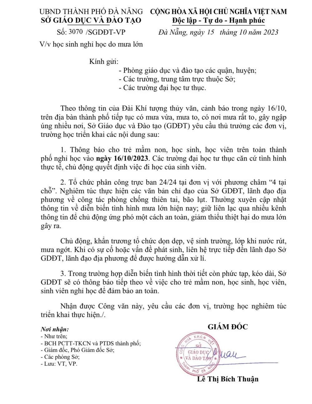 Ngày mai (16-10) học sinh ở Đà Nẵng được nghỉ học. Ảnh: LÊ PHI. Nghi-hoc.jpg