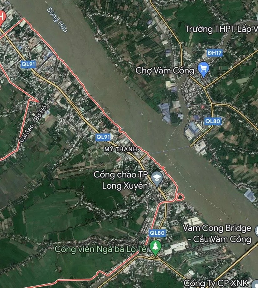 Dự án đầu tư phát triển kết cấu hạ tầng khu công nghiệp Vàm Cống có quy mô 193,31 ha tại phường Mỹ Thạnh, TP Long Xuyên, tỉnh An Giang. Ảnh: GOOGLE MAPS