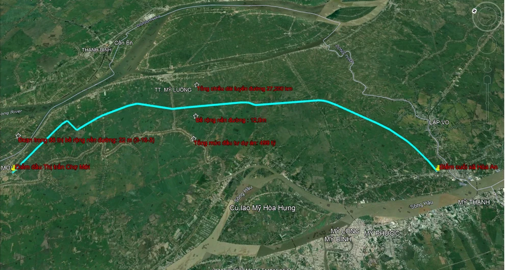 Sơ đồ tuyến Đường Kênh Long Điền A-B kết nối huyện Chợ Mới, An Giang và huyện Lấp Vò, Đồng Tháp.