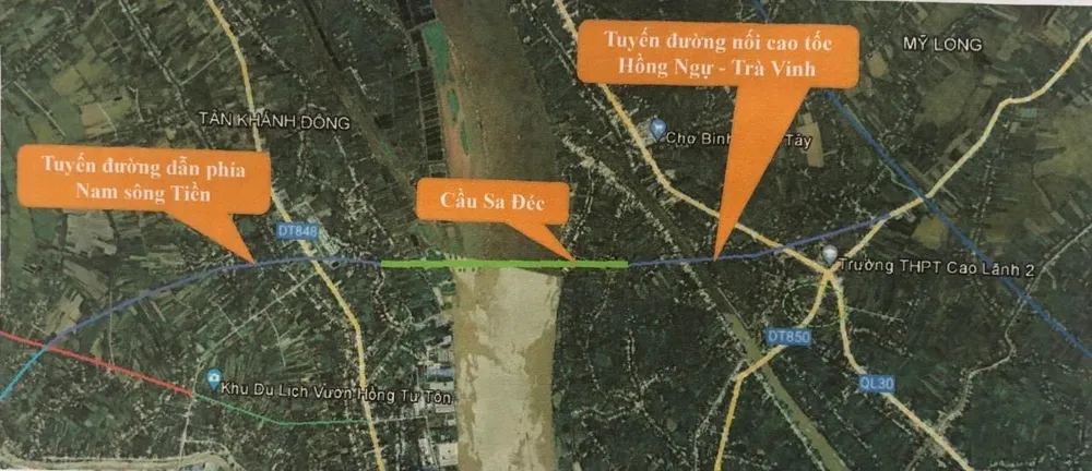 Vị trí xây dựng cầu sa Đéc theo đề xuất của địa phương và Cơ quan hợp tác Quốc tế Nhật Bản (JICA)