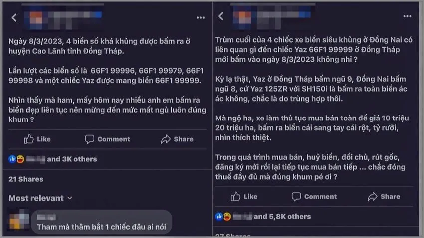 Một tài khoản Facebook đăng tải thông tin nhiều biển số xe đẹp vừa được bấm ở Cao Lãnh, tỉnh Đồng Tháp. Ảnh chụp màn hình Một tài khoản Facebook đăng tải thông tin nhiều biển số xe đẹp vừa được bấm ở Cao Lãnh, tỉnh Đồng Tháp. Ảnh chụp màn hình