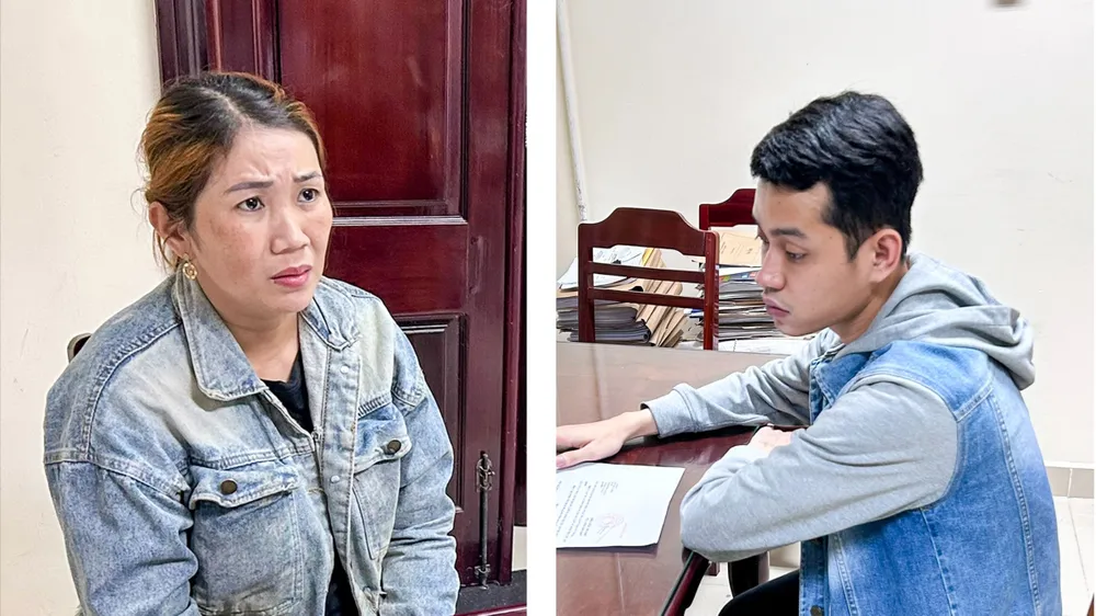 Bị can Hồ Mỹ Linh và Lê Tấn Thành tại cơ quan công an. Ảnh: CACC lua-dao-mua-tra-gop.jpg