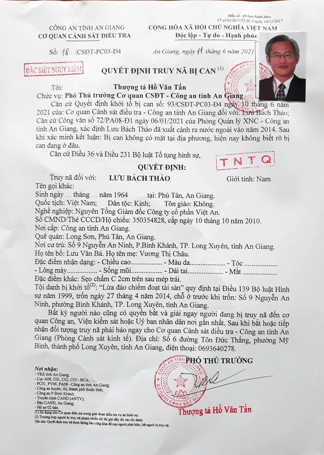 Quyết định truy nã Lưu Bách Thảo - người bị xác định là chủ mưu cầm đầu lừa đảo hơn 600 tỉ đồng của ngân hàng. Ảnh: CACC 600-ti-ag.jpg
