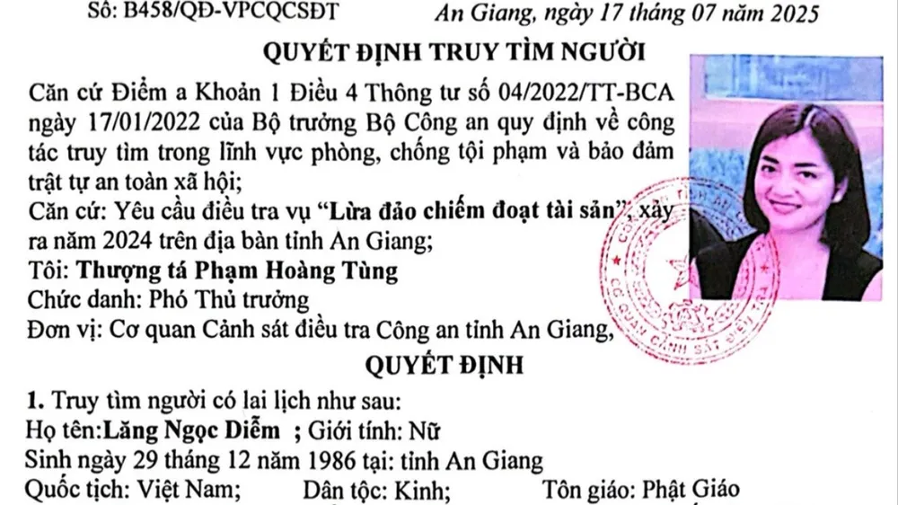 Công an tỉnh An Giang truy tìm người phụ nữ bị tố lừa đảo gần 30 tỉ đồng An Giang: Truy tìm một phụ nữ bị tố lừa đảo gần 30 tỉ đồng