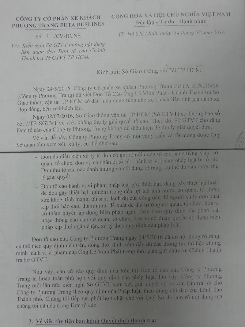 Văn bản kiến nghị của Công ty Phương Trang