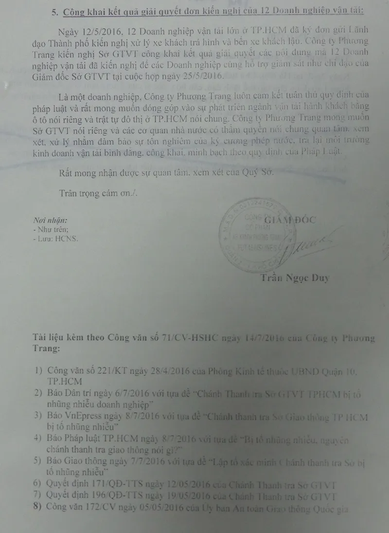 Văn bản tố cáo tiếp do Công ty Phương Trang đứng đơn