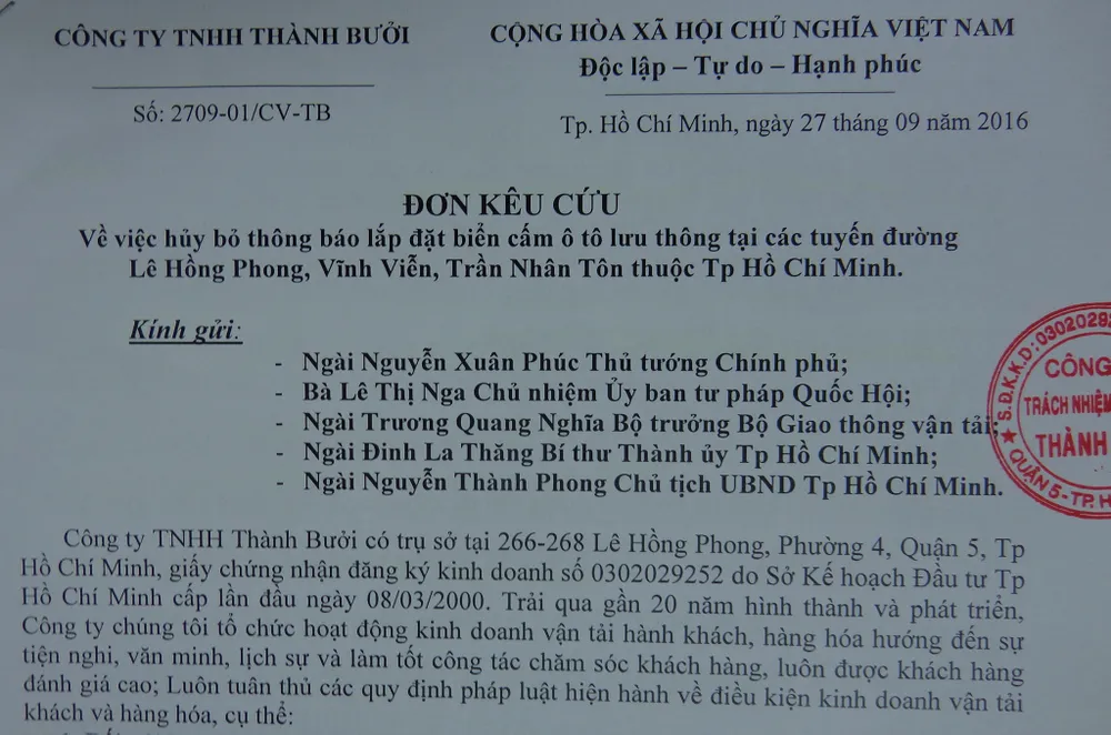 Hãng xe Thành Bưởi gửi đơn kêu cứu tới Thủ tướng ảnh 1