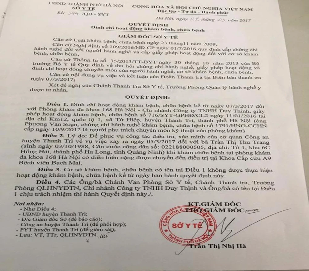 Đình chỉ phòng khám có bác sĩ Trung Quốc bỏ trốn ảnh 1 đình chỉ phòng khám 168 Hà Nội