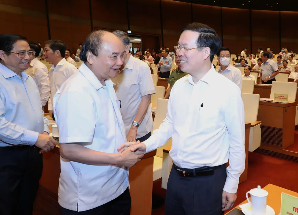 Chủ tịch nước Nguyễn Xuân Phúc, Thường trực Ban Bí thư Võ Văn Thưởng tham dự hội nghị. Ảnh: HOÀNG HẢI Chủ tịch nước Nguyễn Xuân Phúc, Thường trực Ban Bí thư Võ Văn Thưởng tham dự hội nghị. Ảnh: HOÀNG HẢI