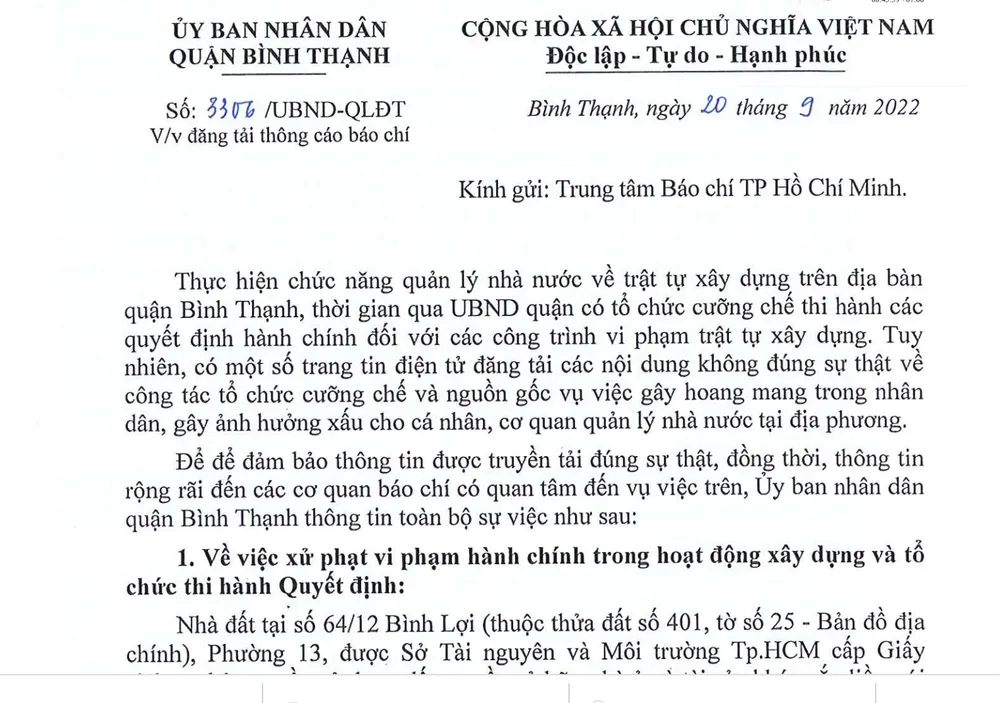 Công văn của UBND quận Bình Thạnh thông tin về vụ việc. Ảnh: LT