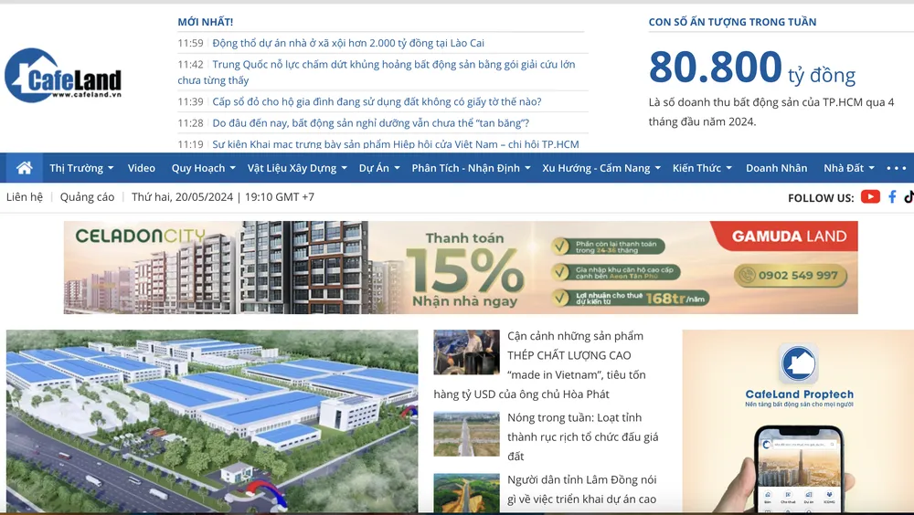 Trang thông tin điện tử Cafeland. Ảnh: LT Trang tin 'Cafeland' bị phạt 25 triệu đồng vì trích dẫn không chính xác nguồn tin-Cafeland.png
