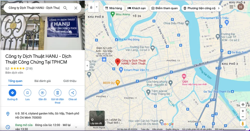 Trụ sở công ty dịch thuật Hanu tại TPHCM, có 218 đánh giá 5 sao của khách hàng Báo giá Công ty dịch thuật uy tín tại Bình Dương