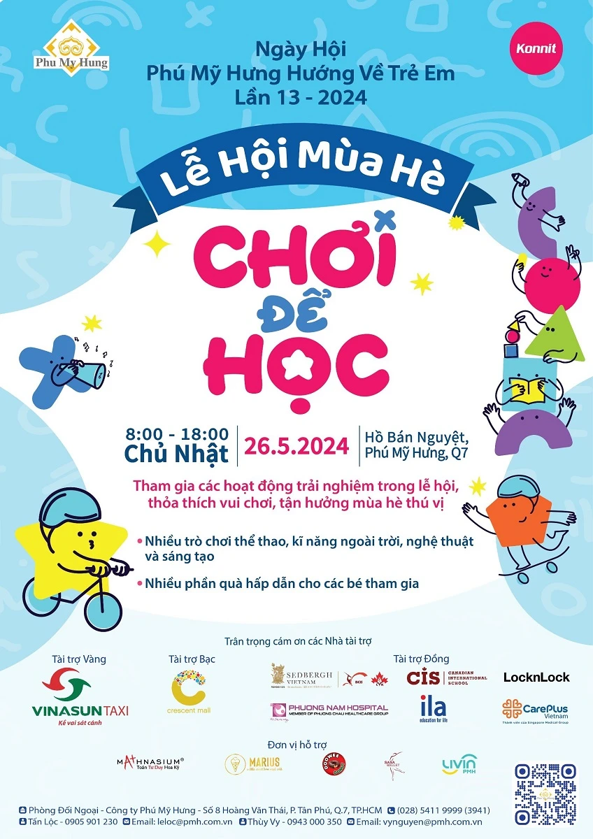 Poster chương trình ngày hội “Phú Mỹ Hưng hướng về trẻ em” với chủ đề Lễ hội mùa hè – Chơi để học. Ngày hội Phú Mỹ Hưng hướng về trẻ em lần 13 – 2024: ‘Lễ hội mùa hè – Chơi để học’