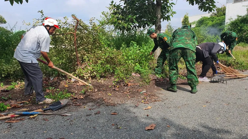 Thị trấn Long Hải cùng Đồn Biên phòng Phước Tỉnh tổng vệ sinh các khu đất cây cối rậm rạp trên địa bàn khu phố Hải Bình sáng 24-8. Ảnh: TK