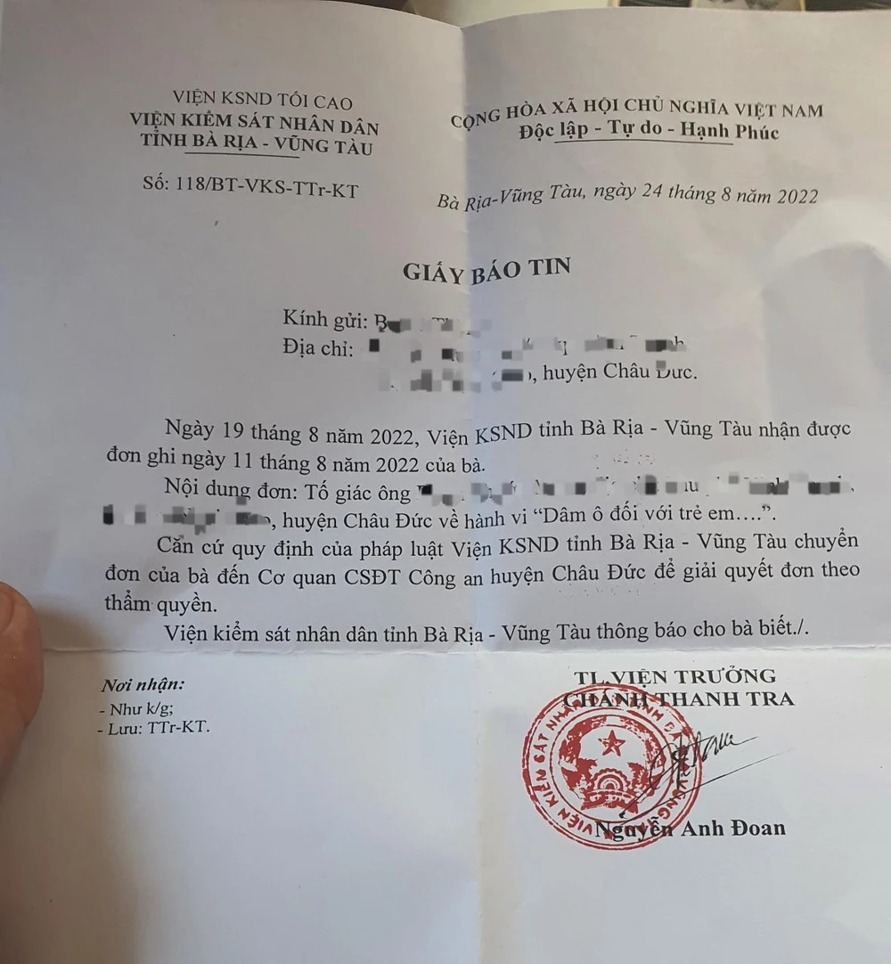 Giấy báo chuyển đơn về công an huyện Châu Đức của Viện KSND tỉnh Bà Rịa-Vũng Tàu