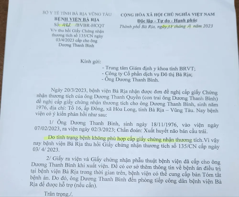 Quyết định thu hồi của bệnh viện Bà Rịa. (Ảnh chụp lại: TK)